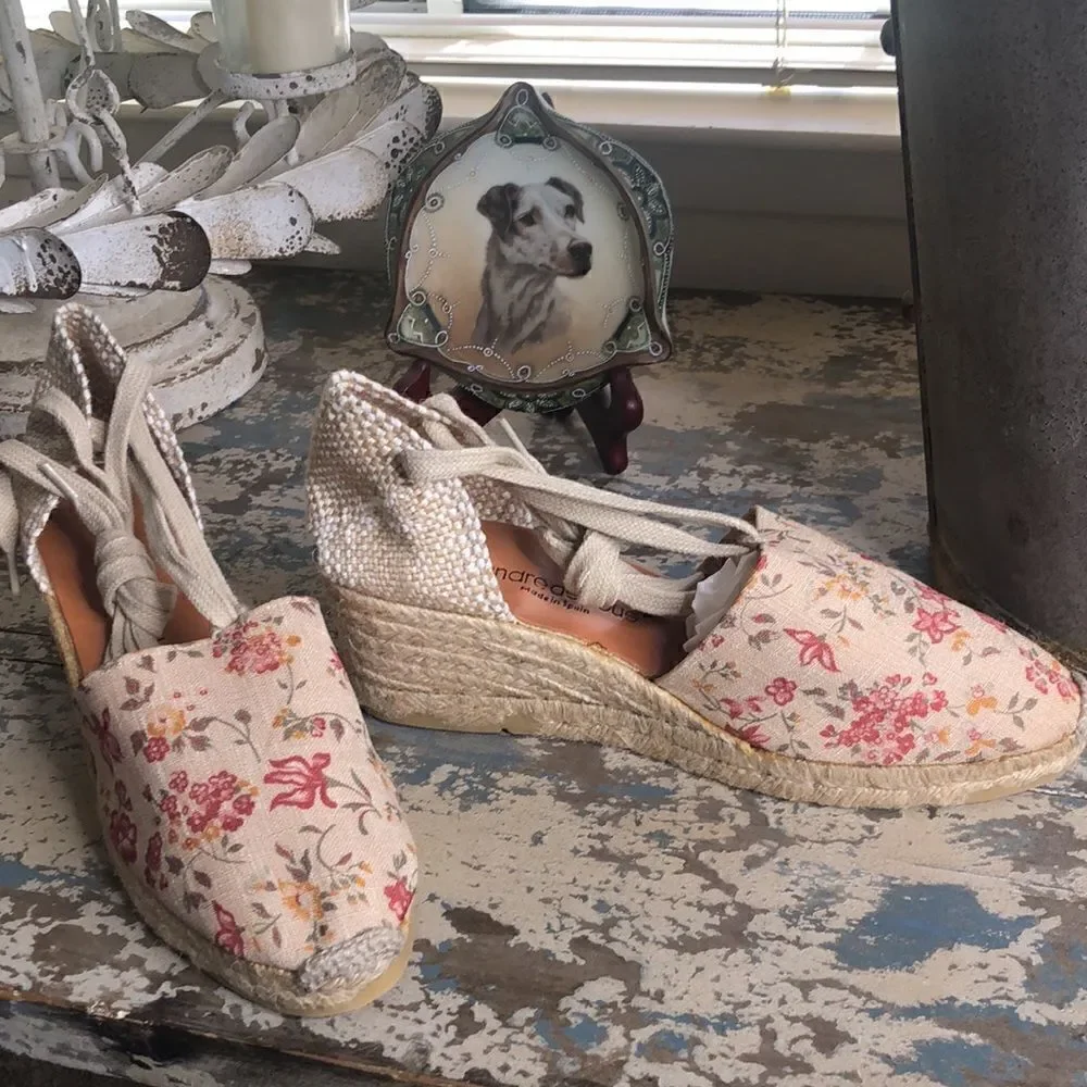 Andre Asous Woven Natural Floral Design Canvas Espadrille Shoes NWOT